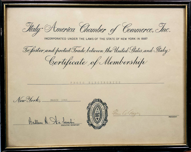 1966 -Certificate of Membership Italy-USA Chamber of Commerce